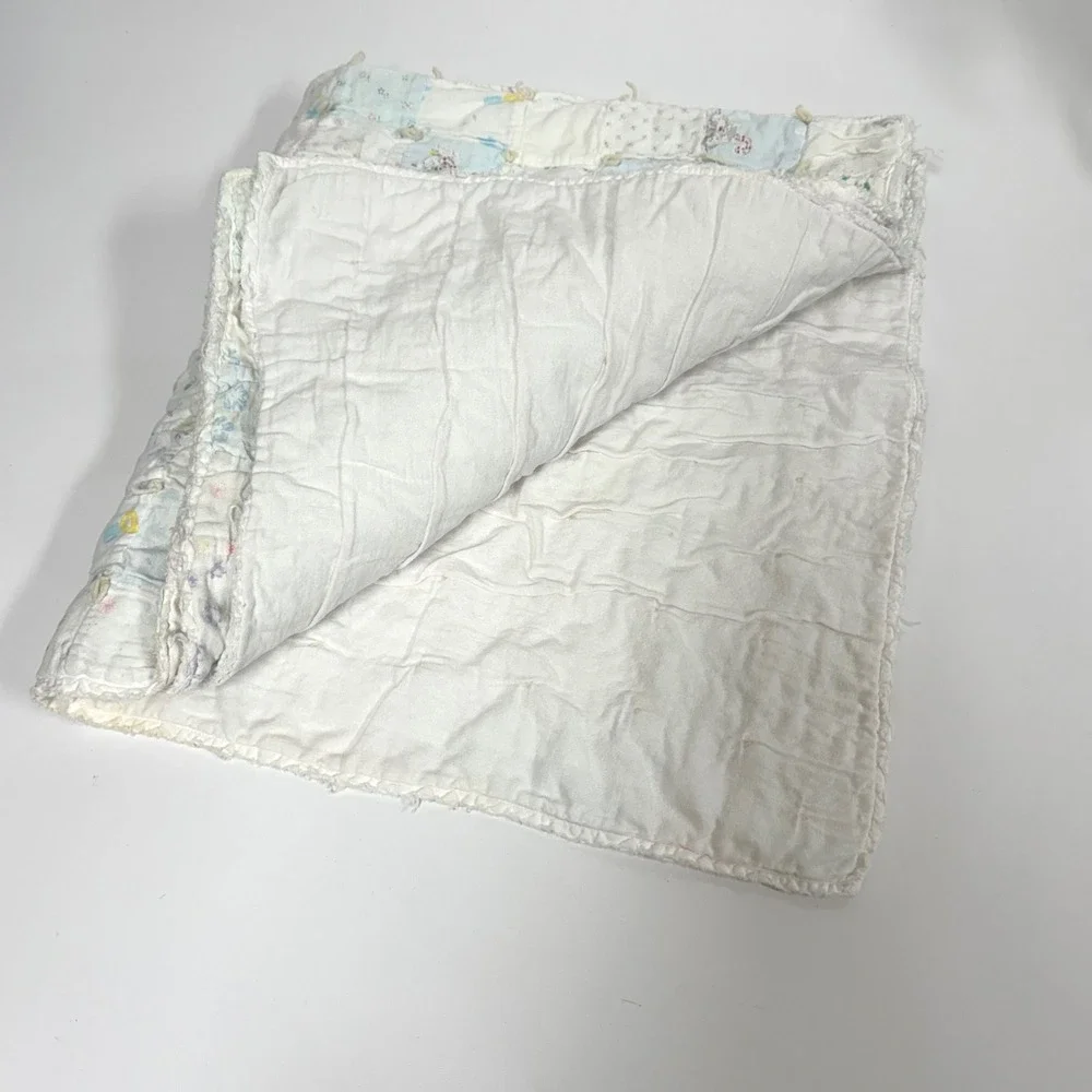 Handmade Vintage Baby Quilt Patchwork Pastel Hand Tied Nursery Blanket 35x32